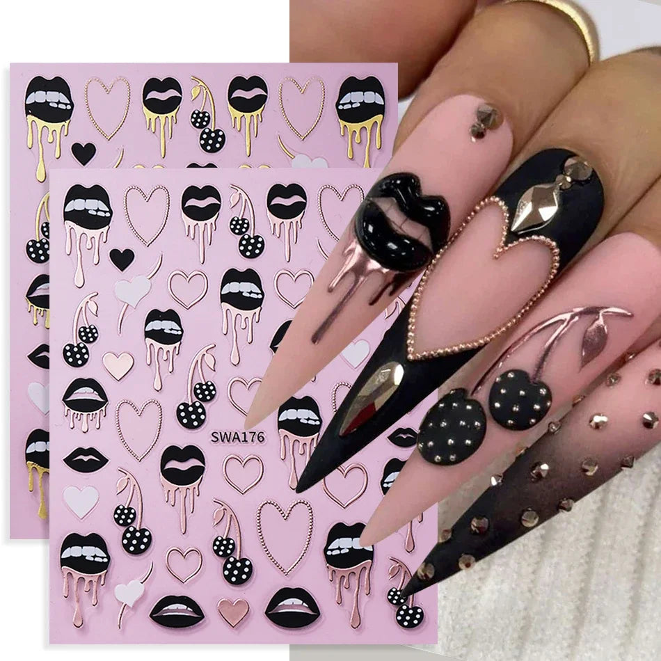 2pcs Black Lips Love Heart Nail Art Stickers Sexy Valentine Metal Line Love Cherry Self-adhesive Nail Decals DIY Manicure Decor