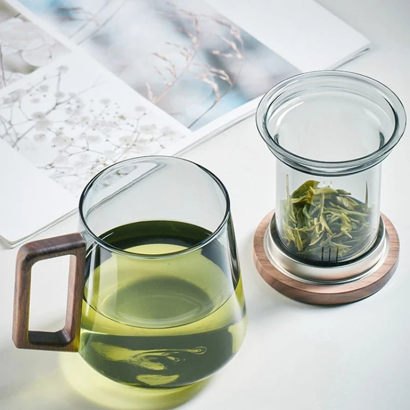 Clear Teacup with Filter, Heat-Resistant Glass Boiling Tea Cup, Office Mugs, Drinkware with Infuser, Teaware, Wood Handle