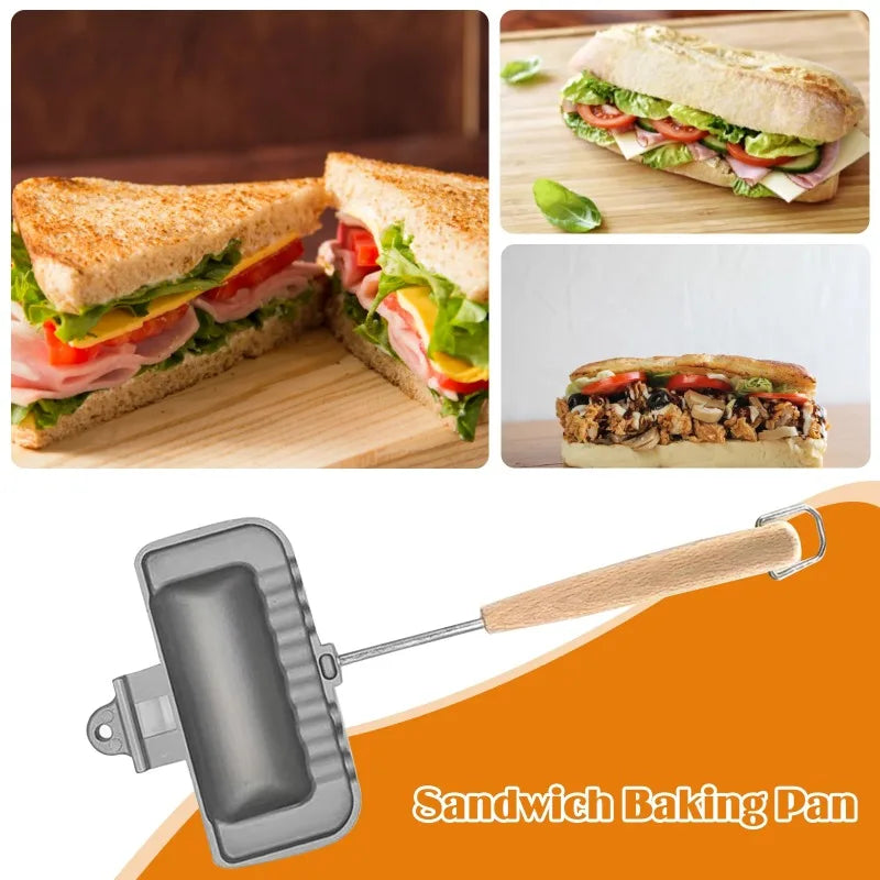 Hot Dog Toaster Double-Sided Non-Stick Pan Flip Design Compact Sandwich Maker for Home Camping Ergonomic Wood Handle Quick Snack