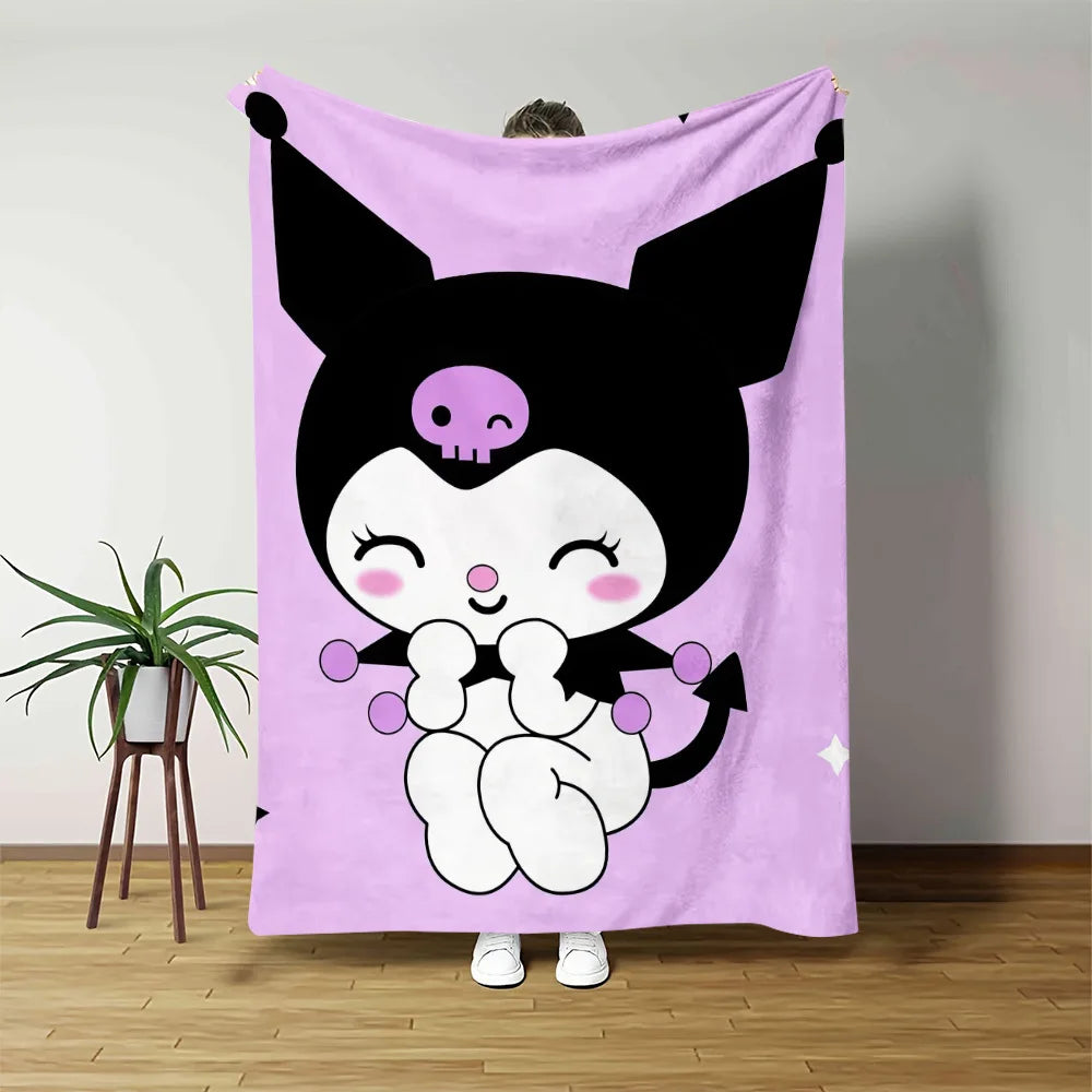 1 Cute Kuromi Blanket Single Sided 2D Print Soft Flannel Throw Blanket Living Room Bedroom Sofa Decor Kawaii Vibe Accessory Gift