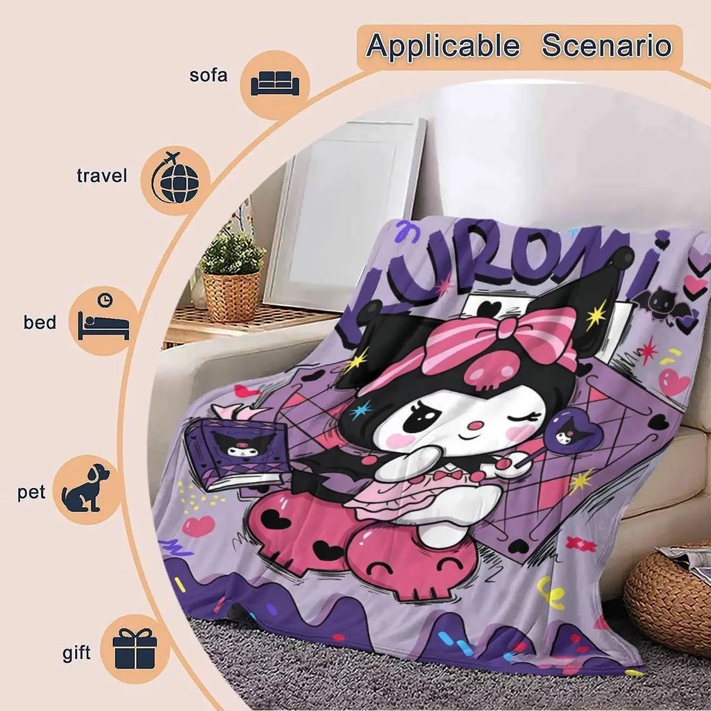 Kuromi Pink Flame Trendy Blanket Edgy-style fleece throw bold for sofas Cozy warm decor gift with flame-patterned Kuromi design
