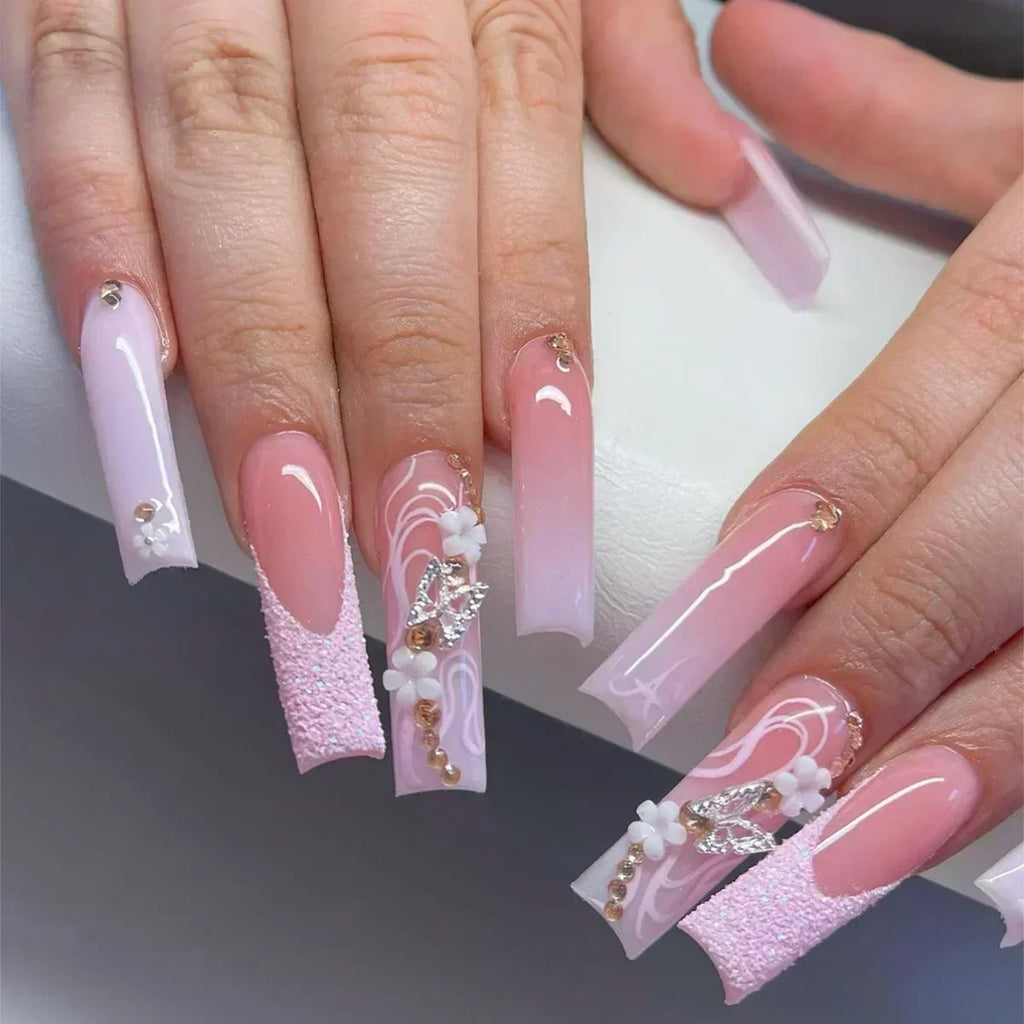 10Pcs Long French Fake Nails with Glue Ballet False Nails Butterfly Rhinestone Design Press on Nails Wearable Coffin Nail Tips