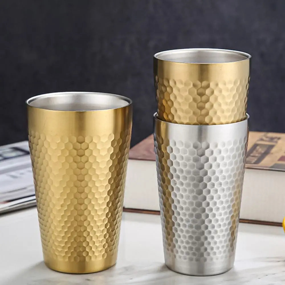 Stainless Steel Hammered Texture Double-Wall Beer Cups Milk Mugs Cold Water Drinks Cup for Kitchen Drinkware Cup
