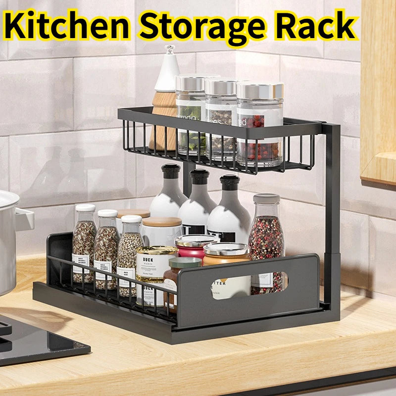 Double-Layer Pull-Qut Kitchen Storage Rack, Non-Slip, Stable, Multi-FunctionalStorage Box with Five Hooks, under Sink Brush