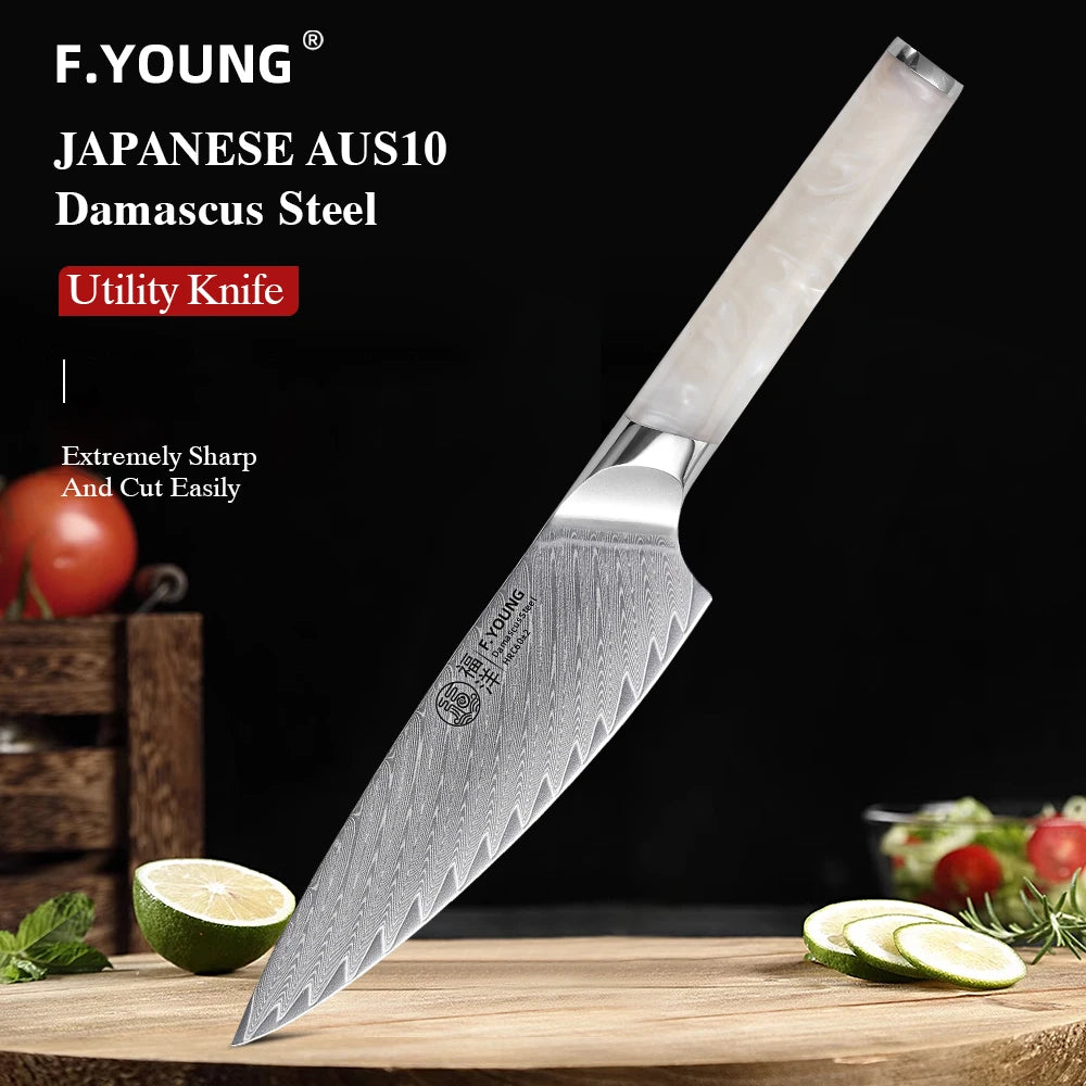 F.YOUNG 5.5" Utility Knife Damascus Steel Japanese Chef Knife Cut Vegetable Meat Fruit Professional Kitchen Knives Cooking Tools