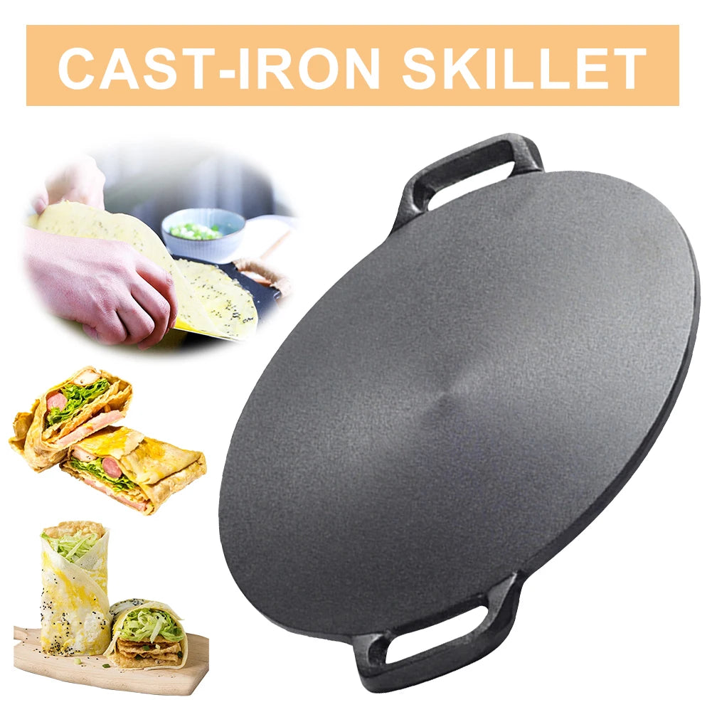 10.2/11/11.8/12.6/13.4 Inch BBQ Griddle Coating Frying Pan Cast Iron Round Griddle Baking Tray for Home Party Travel and Outdoor