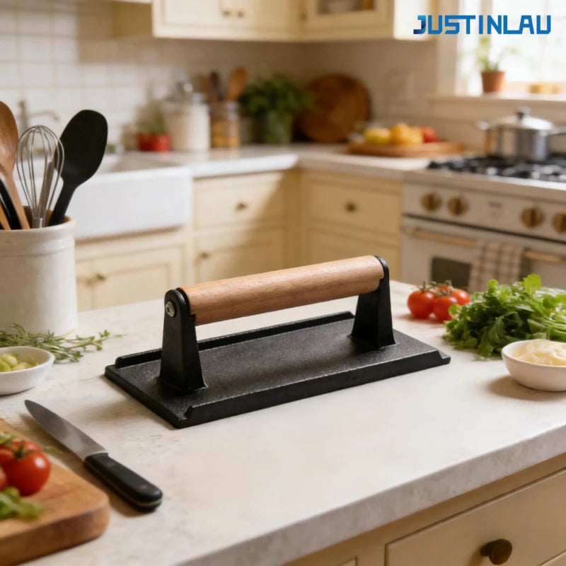 JUSTINLAU Cast Iron Uncoated Square Circular Meat Press Solid Wood Handle, Hamburger Patty Maker Barbecue Fried Meat Press Tool