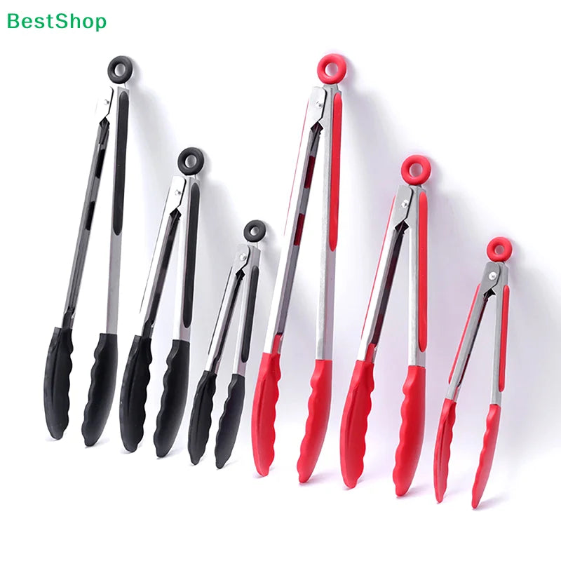 ♥Stainless Steel Food Tongs-Heat-Resistant Silicone Grip Tongs for Cooking, Grilling & Serving (7/9/12inch, Black/Red)