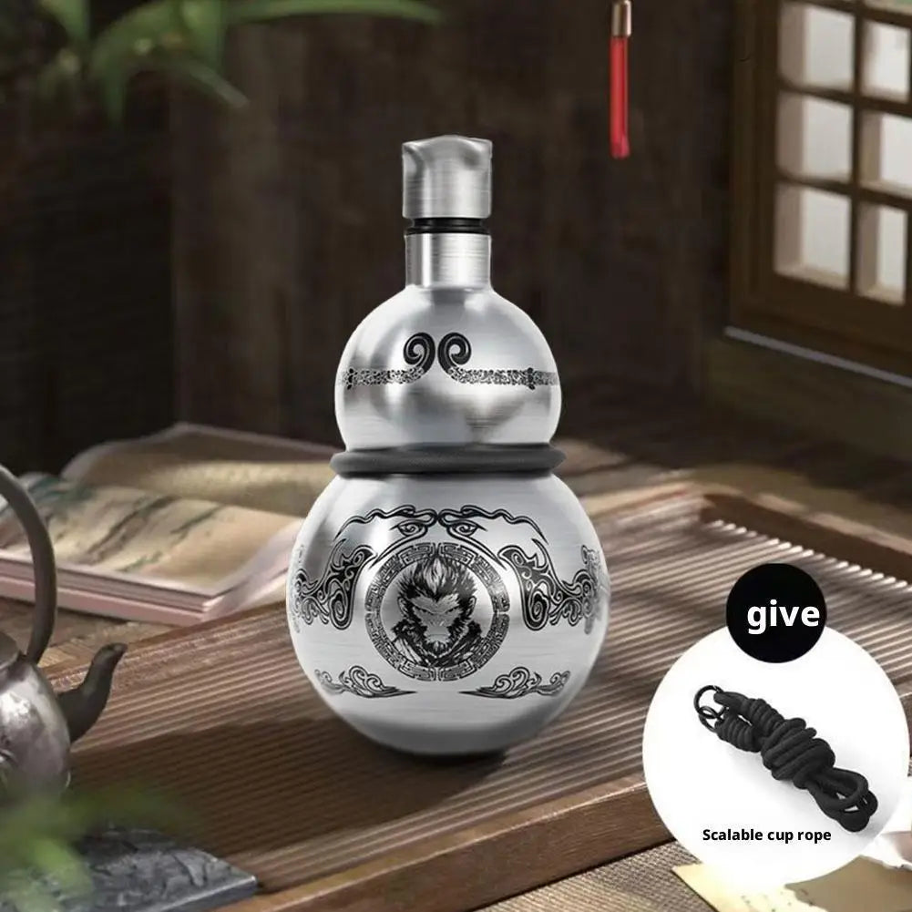 Portable Wukong Theme Gourd Style Water Bottle 304 Stainless Steel Thermal Insulation Cup Black Game Cosplay Lanyard Outdoor