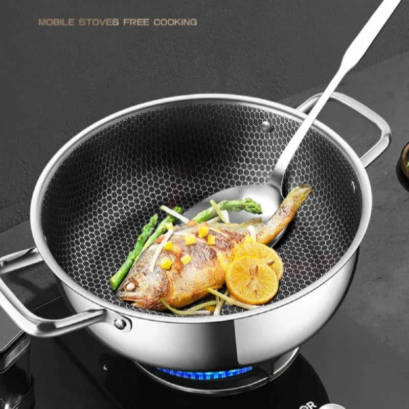 410 Stainless Steel Soup Pot wok Frying Pan Honeycomb Non-stick Panwith lid Home Hot Pan Induction Cooker Gas Stove Universal