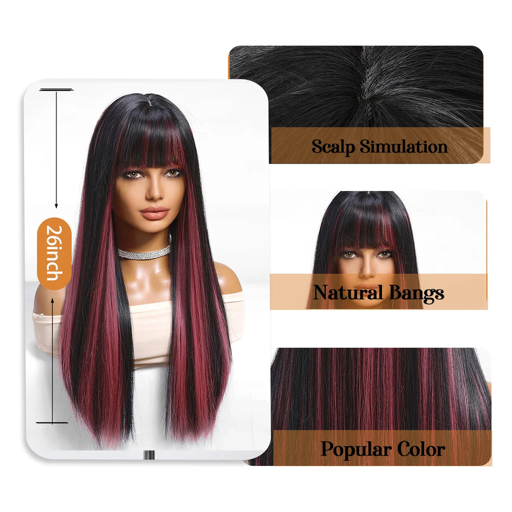 Black Highlight Pink Synthetic Wig with Bangs Long Straight Black Highlight Red Wig For Women Cosplay Party Christmas Wig 26inch