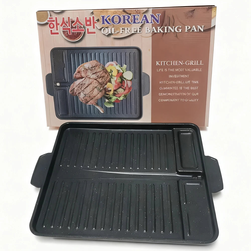 KOSUN Korean Grill Pan Barbecue Guipan Casting Aluminum Triple Flatbed Meatballs Steak Pot House Cardboard Oven Outdoor Indoor