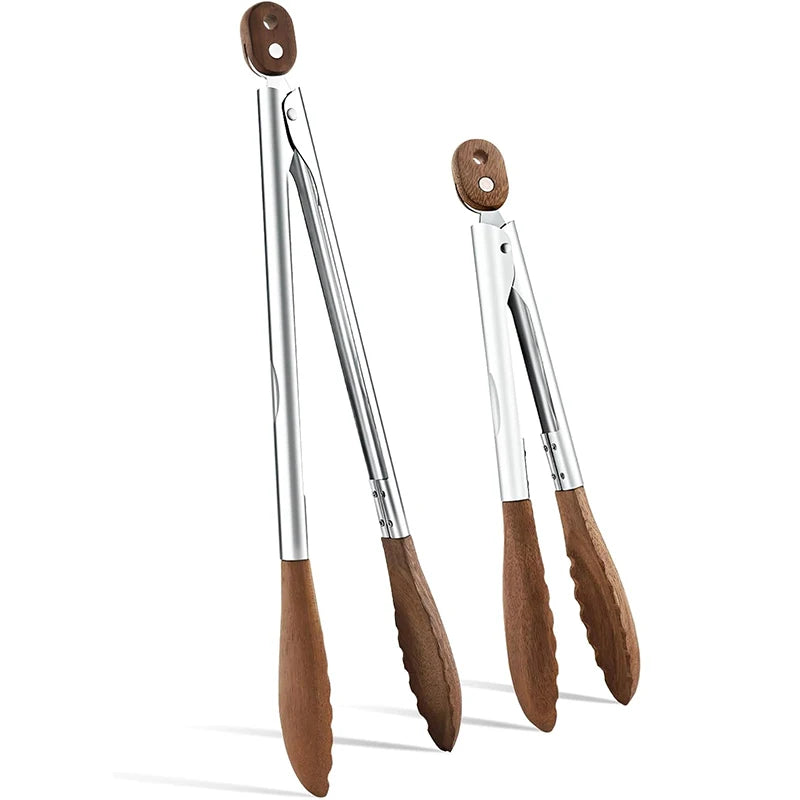 LMETJMA Wooden Kitchen Cooking Tongs Stainless Steel Kitchen Tongs with Wooden Tips Long Handle Food Salad Tongs For BBQ Cooking