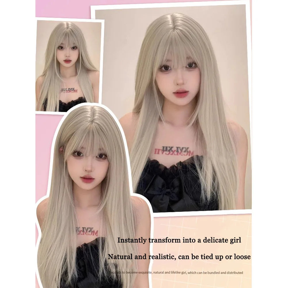 Long Silky Straight Synthetic Wigs with Bangs Beige Gold Cosplay Party Lolita Hair Wigs for Women Natural Heat Resistant Wig