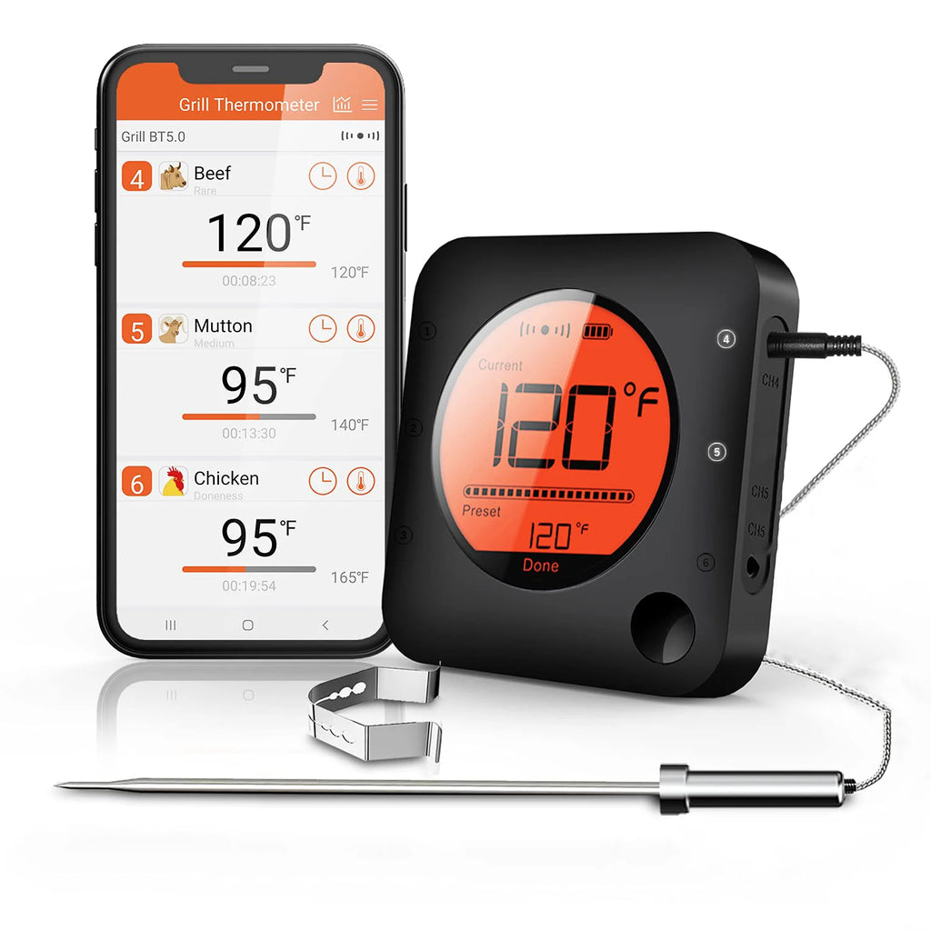 Bluetooth Meat Thermometer Digital BBQ Kitchen Thermometer Support 6 Probe for Smoker Cooking Grill Oven Candy