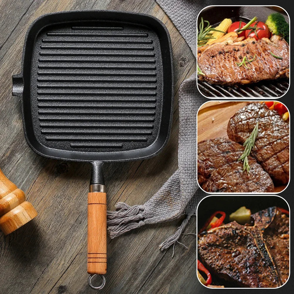 Cast Iron Grill Pan Non-Stick Square Skillet with Drip Spout with Wooden Handle for Indoor & Outdoor Grilling