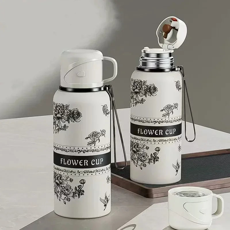 Portable Stainless Steel Gardenia Thermos Cup With Tea Drain Large-capacity Sport Kettle For Making Tea,Great For Outdoor Travel