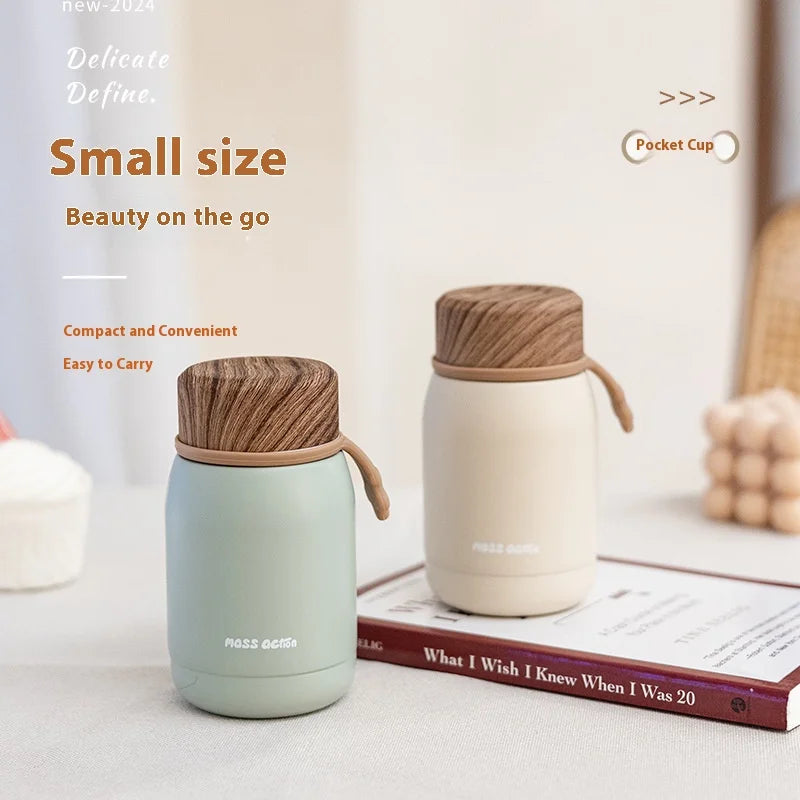 Mini Insulated Cup with Wood Grain Lid 304 Stainless Steel Pocket Cup Small Capacity Outdoor Portable  Cup for Female Students