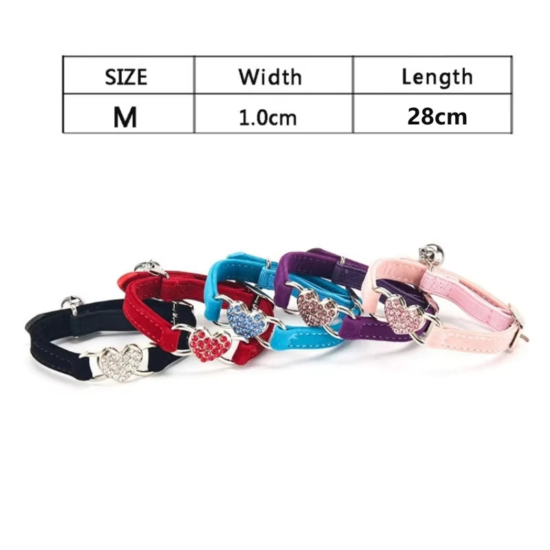 Heart Shaped Cat Collar With Bell Safety Elastic Adjustable Collar Soft Velvet Cat Crystal Collar For Kitten Puppy Pet Supplies