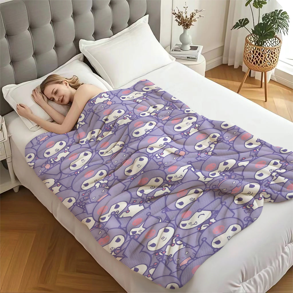 Kuromi Allover Print Flannel Blanket Lavender Purple Kawaii Pattern Soft Plush Throw for Bed Sofa Sanrio Character All Season