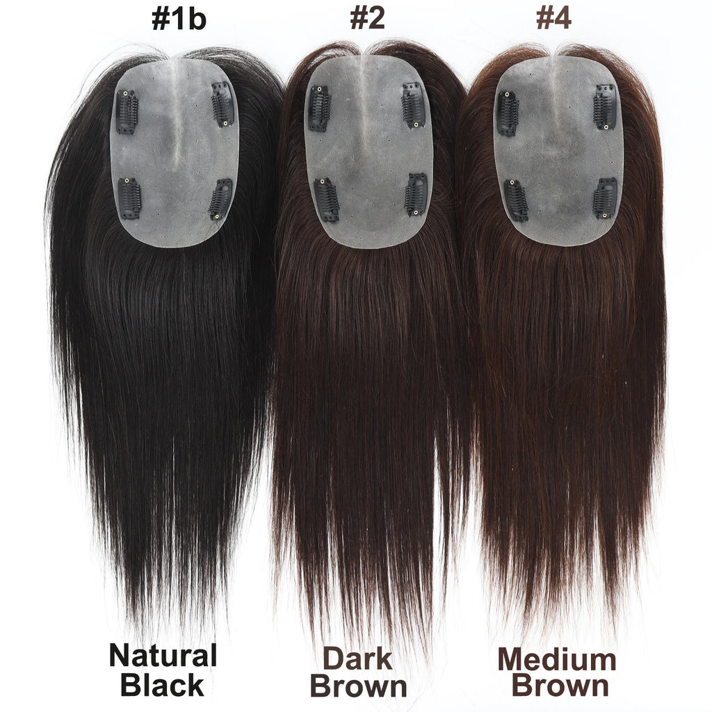 Silk Skin Base Topper for Women PU Toupee with Clips in 14x17cm Natural Scalp Real Virgin European Human Hairpieces Dark Brown