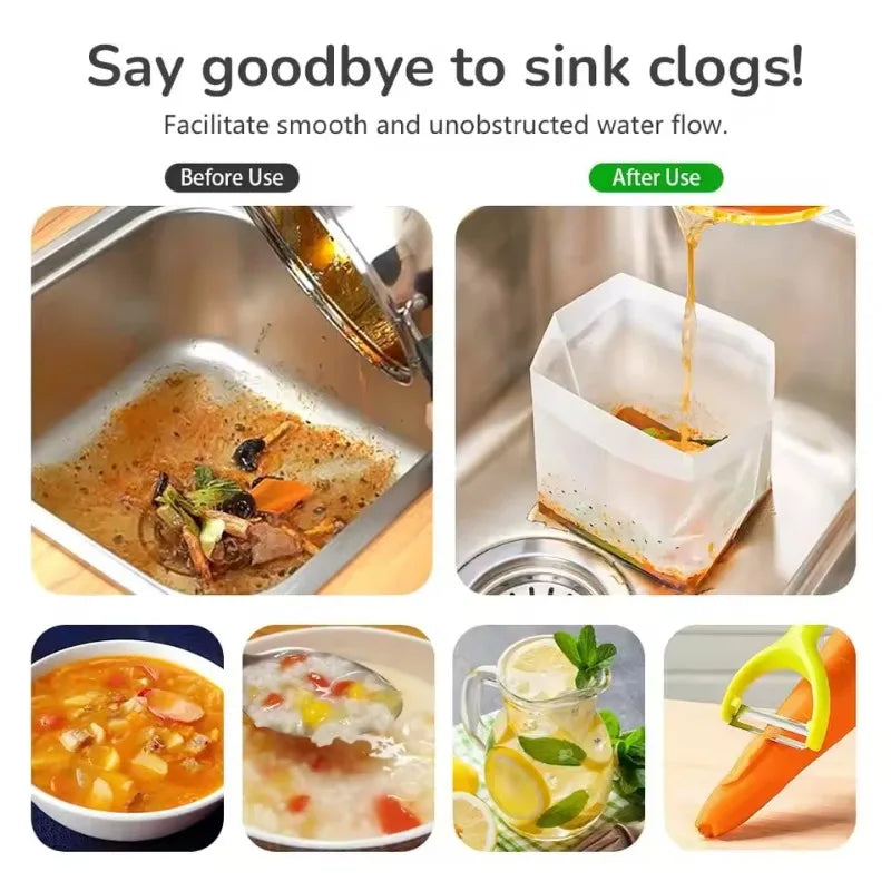 30/60/90PCS Anti-Clogging Kitchen Sink Drainage Bags Disposable Leftover Vegetable Waste Bag Stand-Up Foldable Sink Strainer Bag