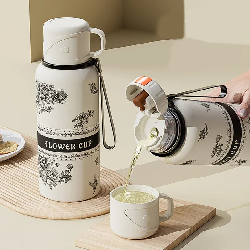 Portable Stainless Steel Gardenia Thermos Cup With Tea Drain Large-capacity Sport Kettle For Making Tea,Great For Outdoor Travel