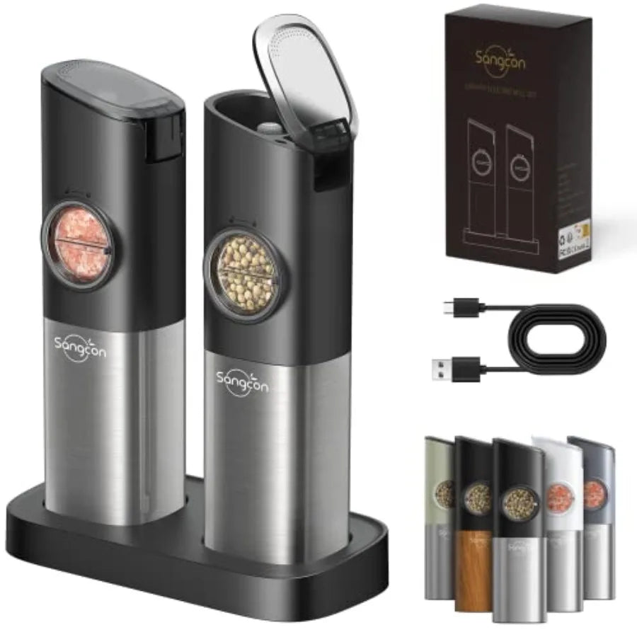 USB Rechargeable Salt and Pepper Grinder Set with Dual Charging Base for Kitchen Countertop - Large Capacity Adjustable Coarsen