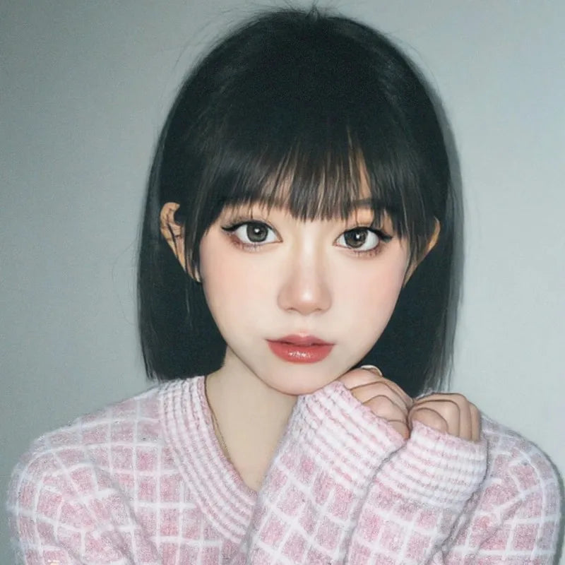 Punk style synthetic wig female short black hair air bangs high temperature silk synthetic fiber straight hair full head cover