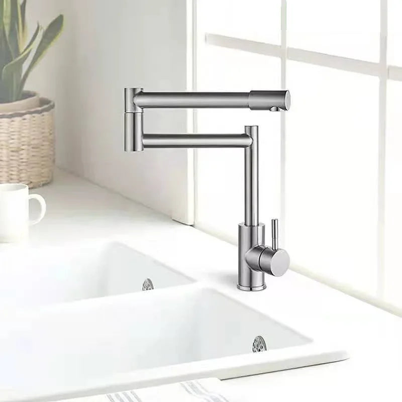 Faucet Black/Nickel Hot And Cold Mixed Universal Folding Kitchen Sink Tap 304 Stainless Steel Arm Swivel Extends Kitchen Sink