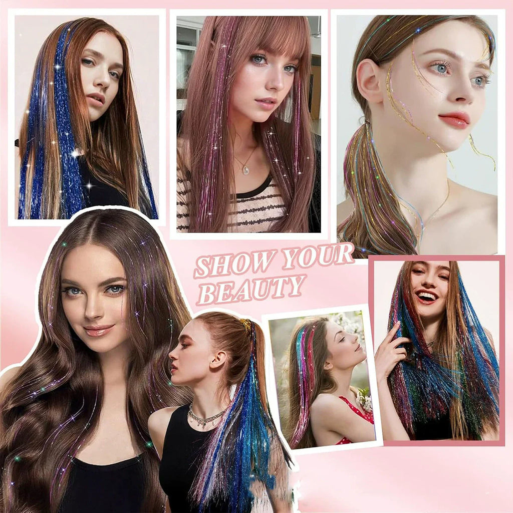 12Pcs Synthetic Hair Tinsel 20Inch Clip in Glitter  Tinsel Hair Clip in Hair Tinsel Kit Heat Resistant Shiny Sparkle Fairy Hair