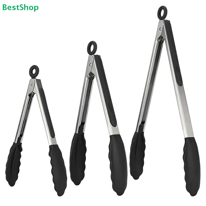 ♥Stainless Steel Food Tongs-Heat-Resistant Silicone Grip Tongs for Cooking, Grilling & Serving (7/9/12inch, Black/Red)