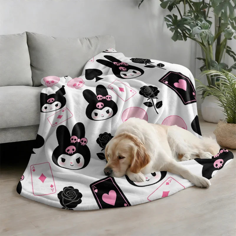 Kuromi Sanrio Flannel Throw Blanket Gothic Kawaii Card Skull Print Soft Warm Blanket for Girls Anime Home Decor Sofa Bed Blanket