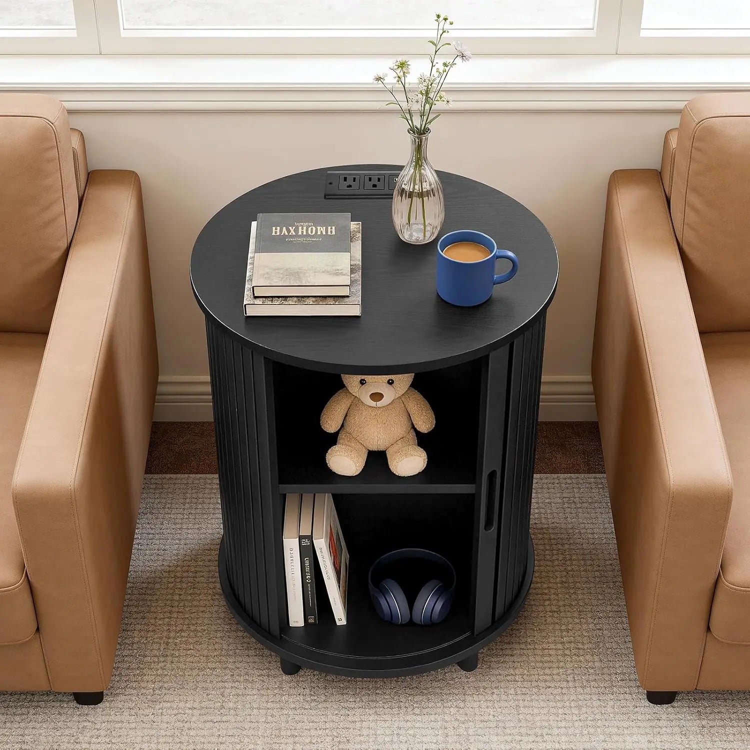 Round End Table Storage Charging Station Fluted Nightstand Small Spaces, Customized