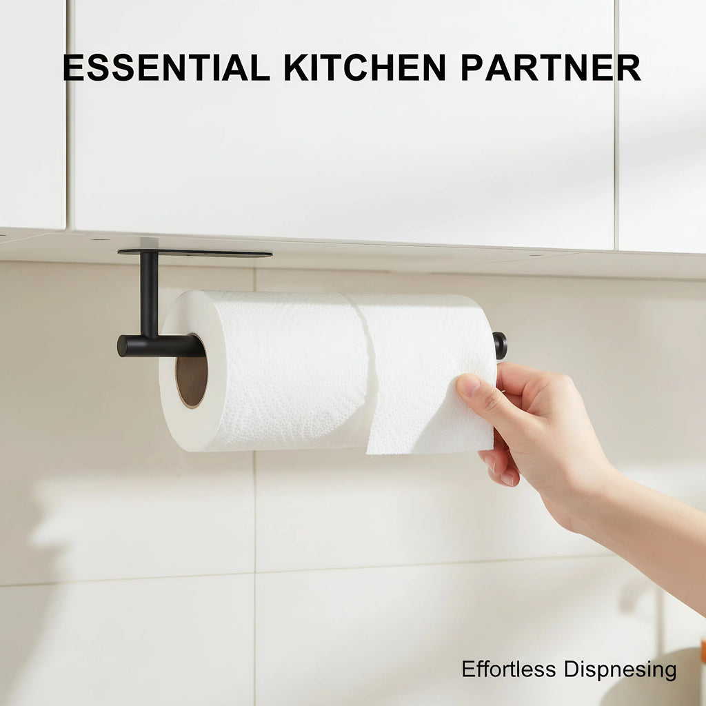 Under Cabinet Paper Towel Holder Black Minimalist Space-Saving No Drilling Kitchen Organizer 30cm Stainless Steel