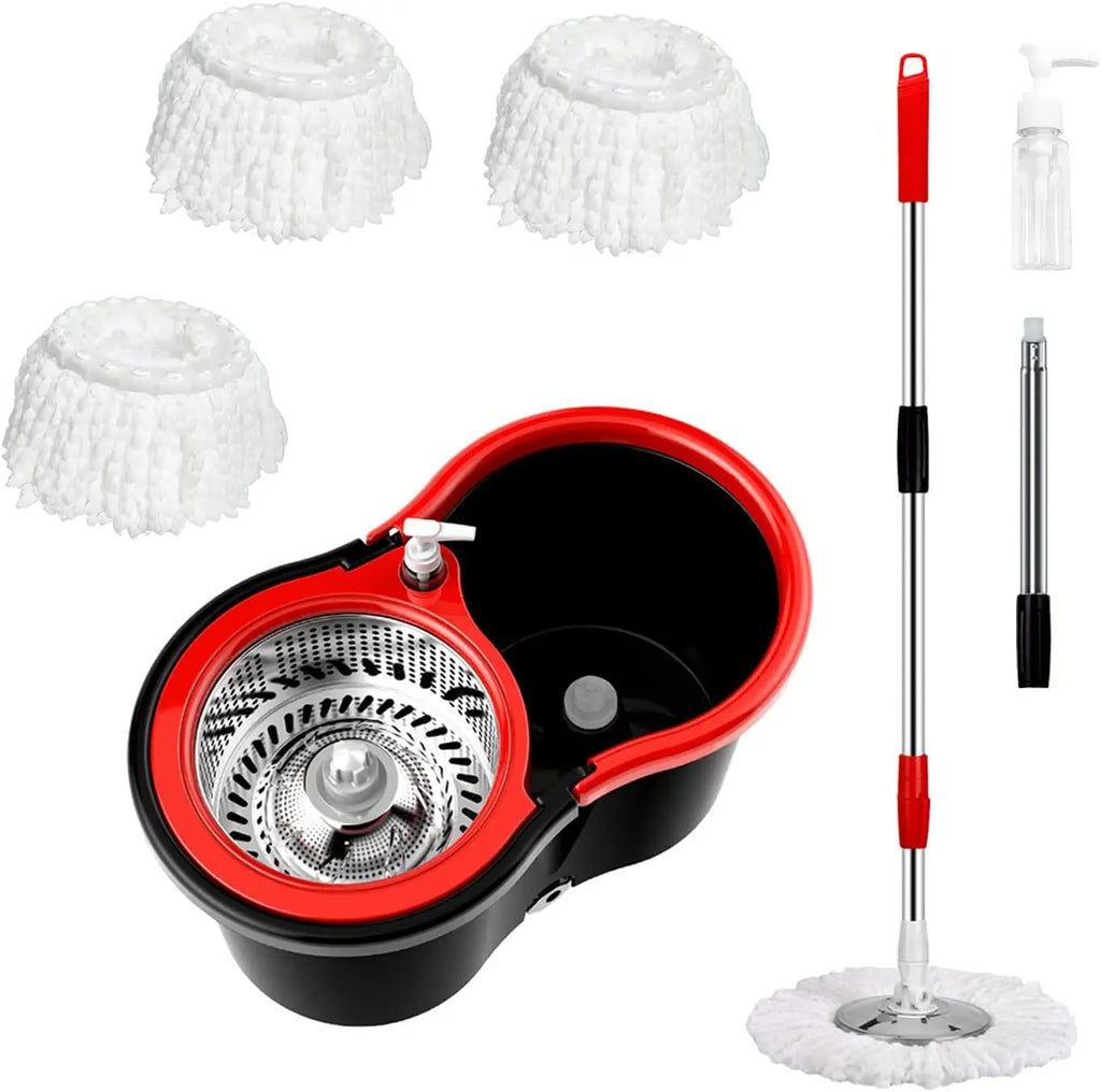Mop and Bucket with Wringer Set 360° 3psc Microfiber Spin Mop with Bucket and Dual Mop Heads Self Wringing Spinning Mop
