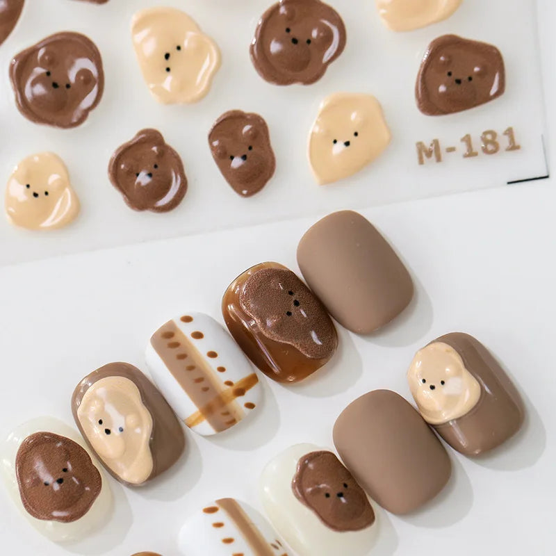 High-quality white and brown bear 3D nail art stickers, a set of 5D colorful butterfly nail decals