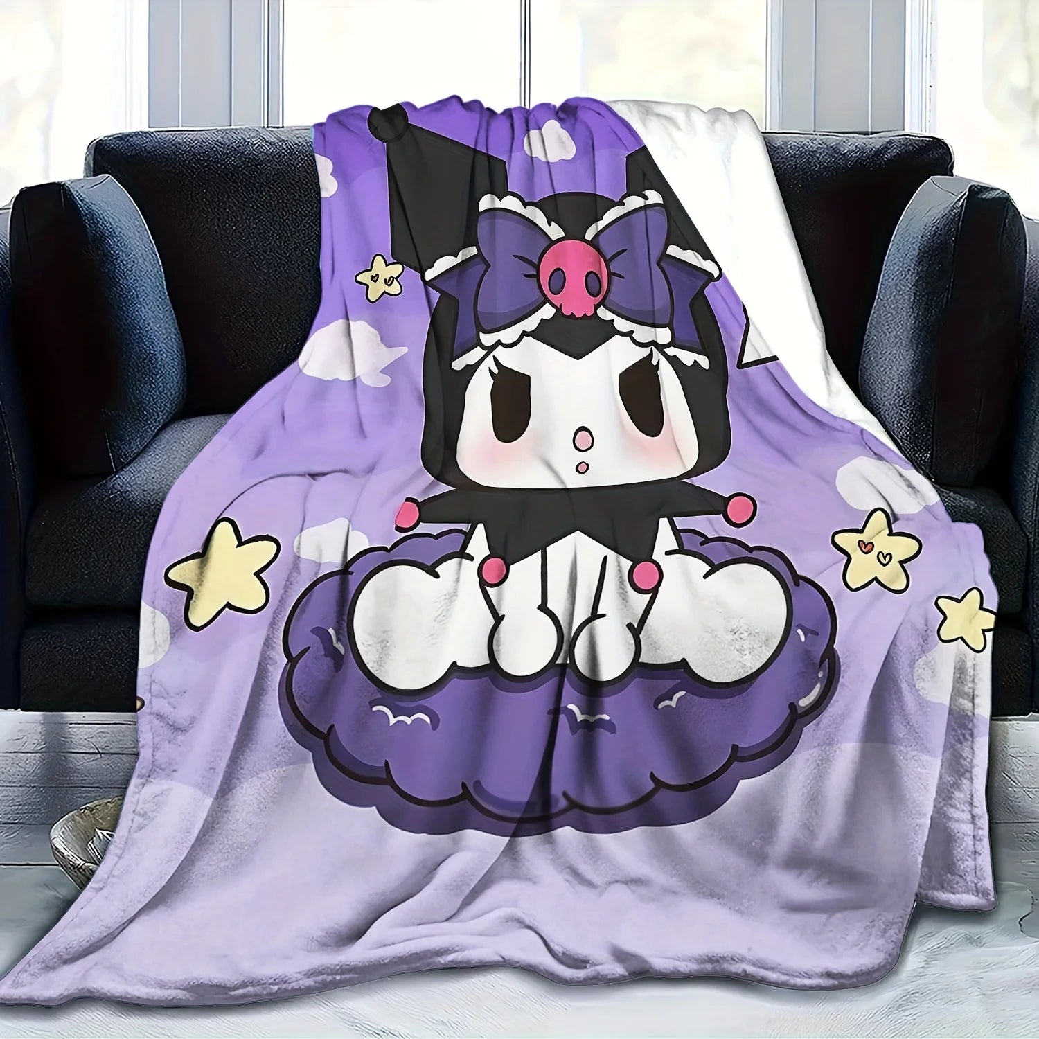 Purple Kuromi Flannel Blanket 2D Single Print Cute Breathable Durable Couch Bed Living Room Bedroom Home Decor Daily Use Blanket