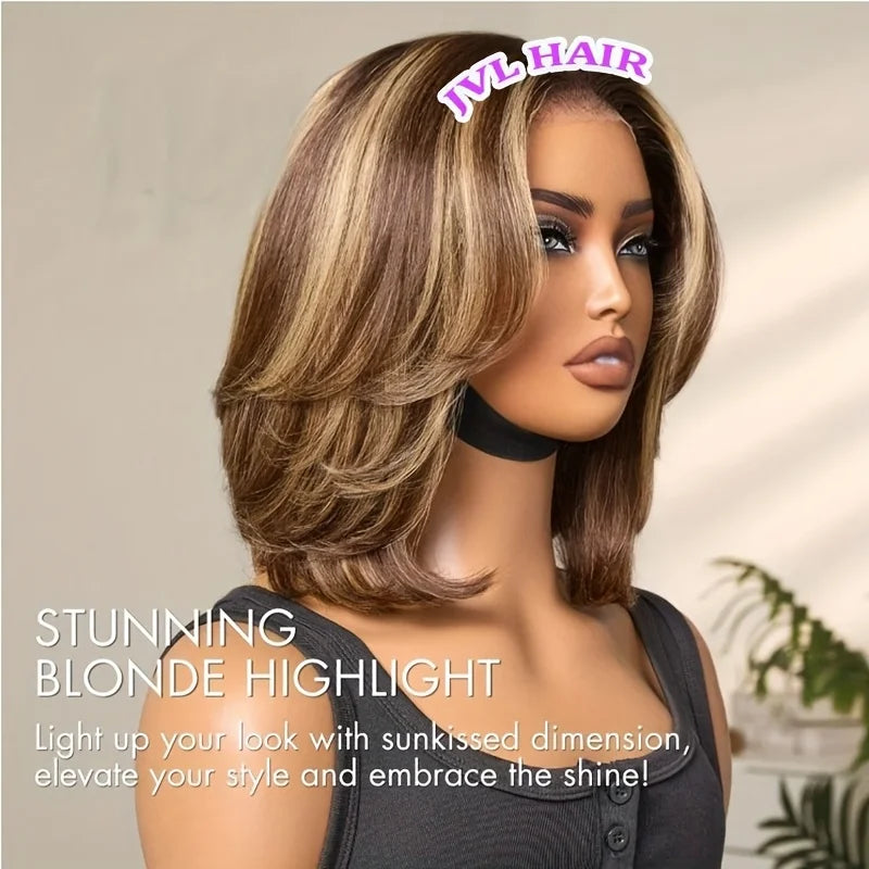 Blonde Highlight Straight Short Bob Ombre Wig 220% Density 4/27 Honey Blonde Lace Front Straight Wigs Human Hair For Women