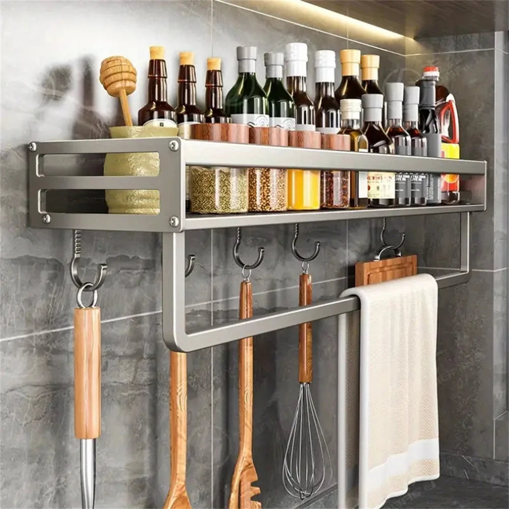 1 Piece Wall-Mounted Kitchen Seasoning Storage Rack Rag Towel Hook Multifunctional Storage Rack Wall-Mounted