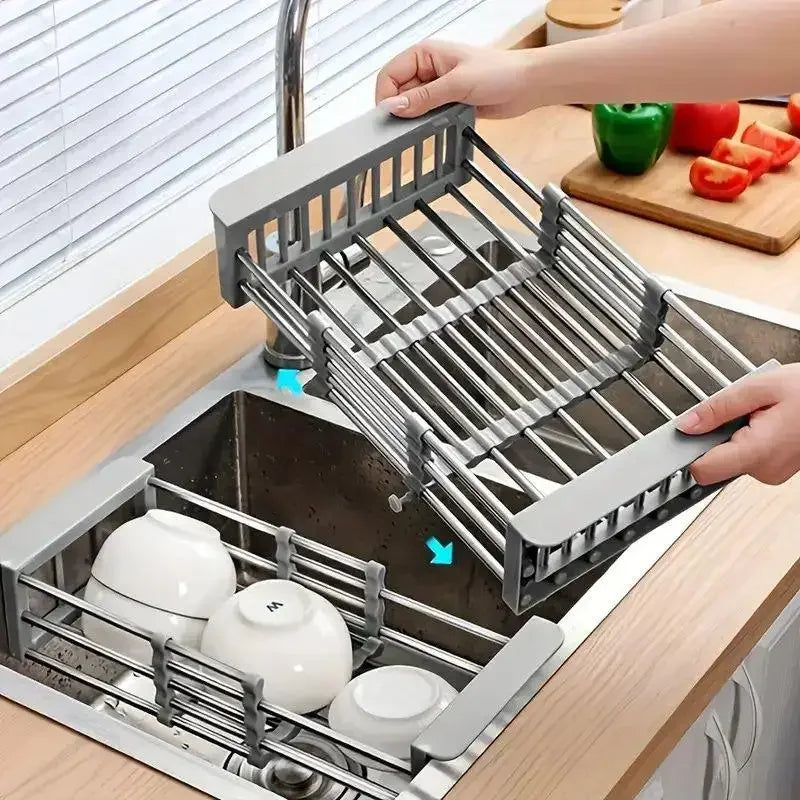 Expandable Stainless Steel Sink Drain Basket,Collapsible Kitchen Dish Drying Rack with Draining Filter Grid,Sink Organizer Tray