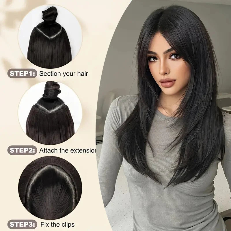 22Inch Synthetic V-Shape Long Straight Hair Extension Layered Hairpiece Natural Invisible Everyday Wear for Women Daily Party