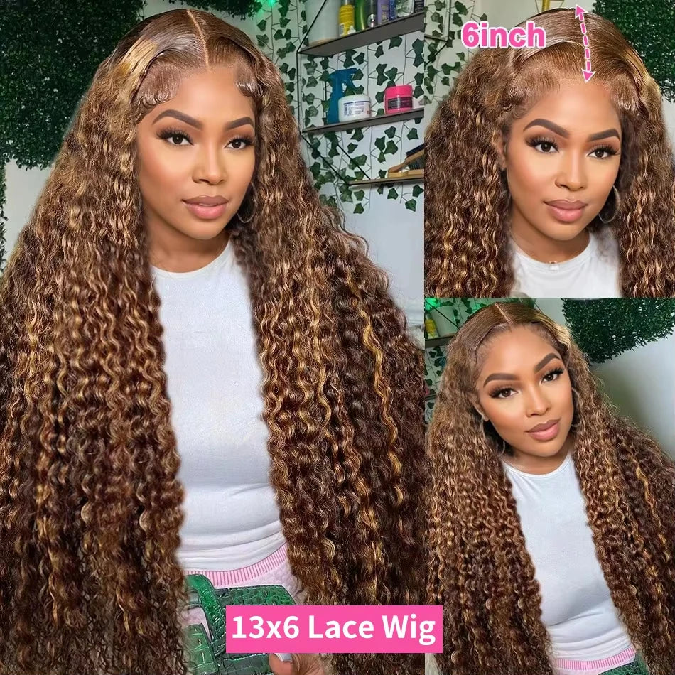 30 36 Inch 13x4 13x6 HD Highlight Ombre Curly Lace Frontal Human Hair Wigs Honey Blonde Colored Deep Wave Frontal Wigs For Women