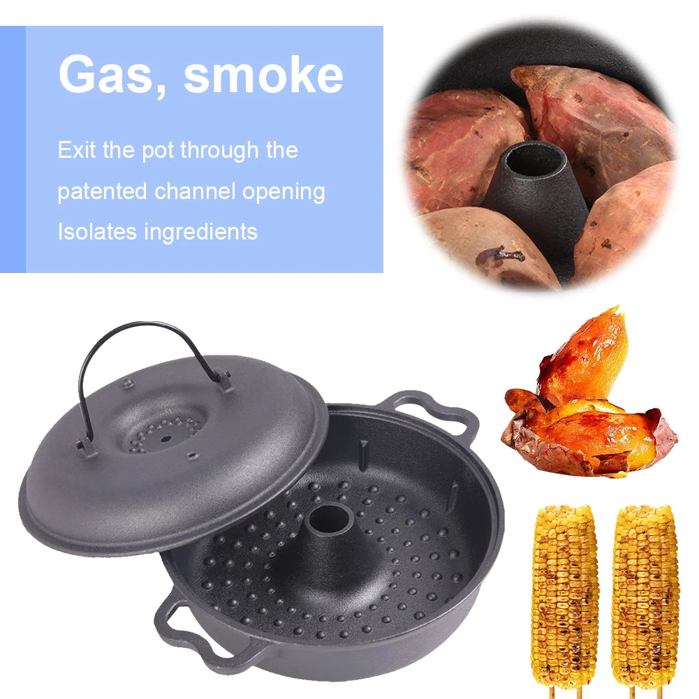 Cast Iron Roasted Sweet Potato Pan with Lid Garlic Roaster for Picnic Camping Patio Backyard Cooking
