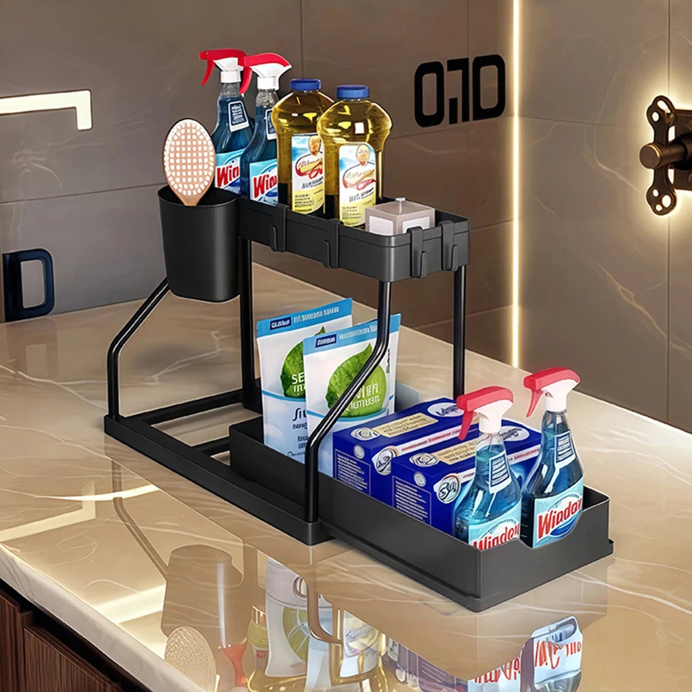 2 Tier Pull Out Organizer Under Sink for Kitchen Spices Bathroom Cosmetics Living Room Table Storage Desktop Cabinet Rack