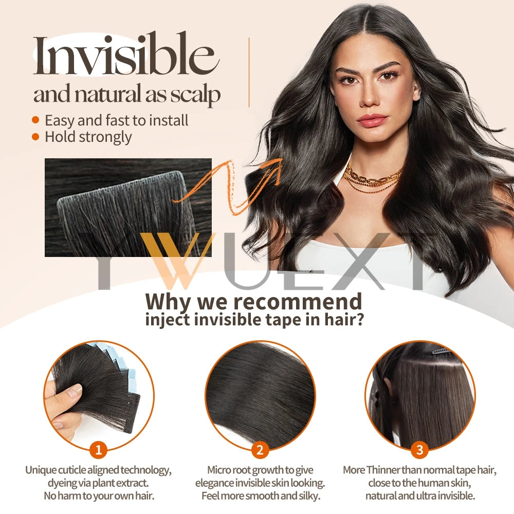 YWUEXT Invisible PU Skin Weft Hair Extensions Natural Straight Machine Remy Seamless Adhesive Tape In Human Hair 10pcs/pack