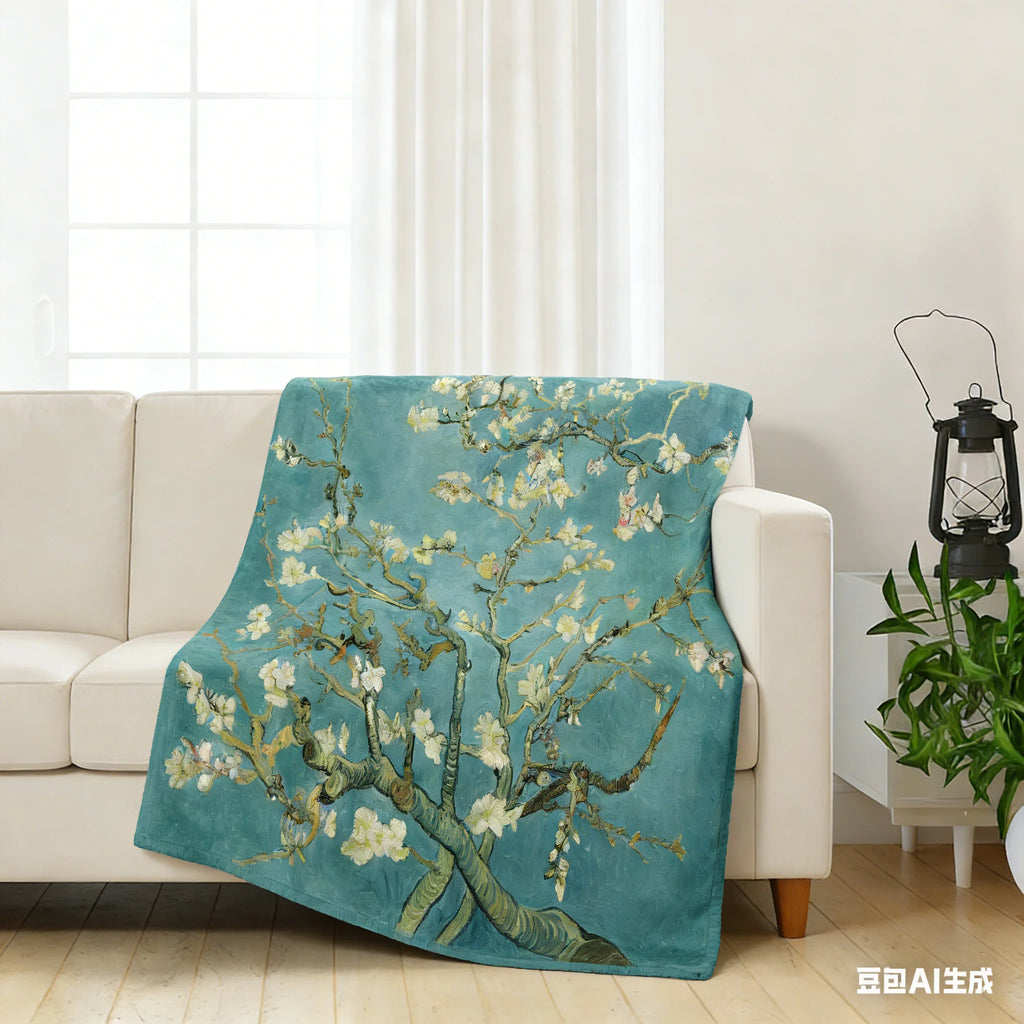 Van Gogh Almond Blossom Flannel Blanket, Classic Impressionist Floral Print, Cozy Artistic Throw for Bed & Sofa