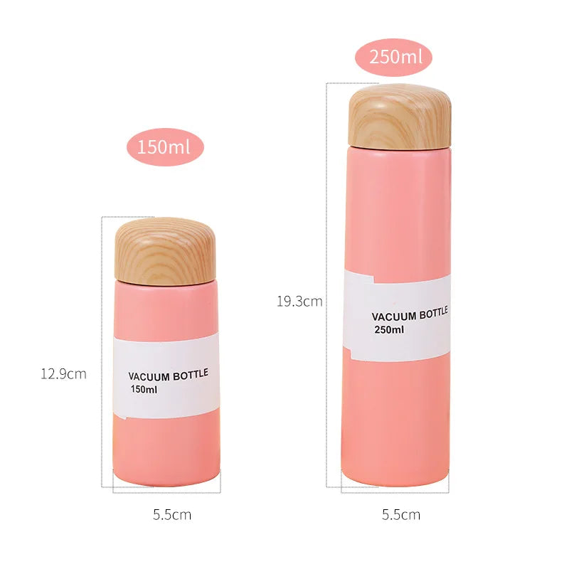 150ml/250ml Mini Cute Portable Stainless Steel Vacuum Flask Thermos | Wood Grain Lid Insulated Bottle | Small Travel Coffee Mug
