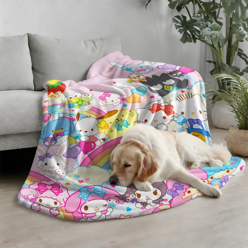 Sanrio All Star Characters Flannel Blanket Kawaii Hello Kitty Kuromi Cinnamoroll Rainbow Print Throw Bed Sofa Room Aesthetic