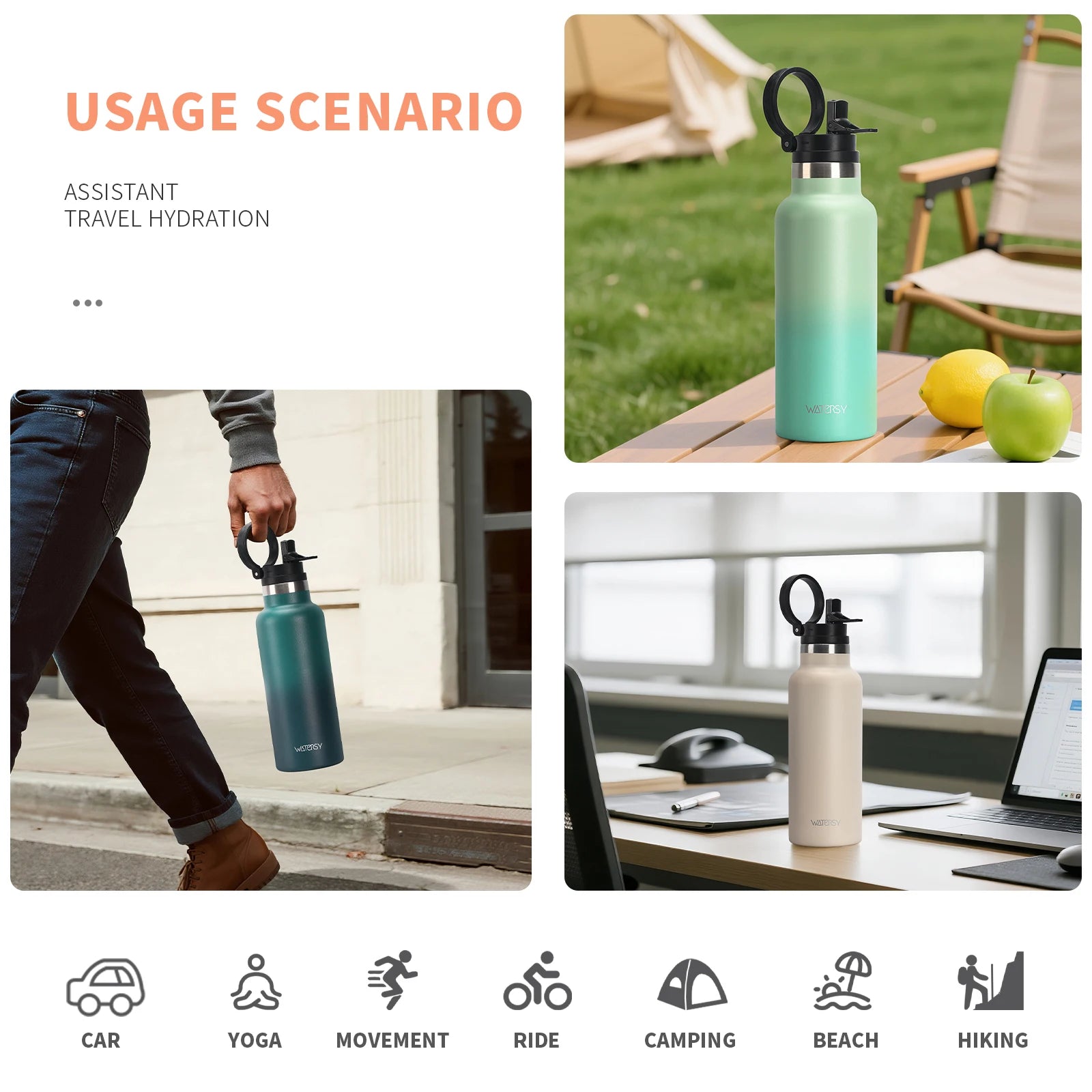 WATERSY 500ml Stainless Steel Water Bottle with Handle & Straw, Double Wall Insulated Thermal Cup, Vacuum Flask for Sports